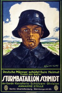 Duitse wervingsposter Sturmbataillon Schmidt; Duitse mannen bescherm uw vaderland! Word lid, pub. 1919